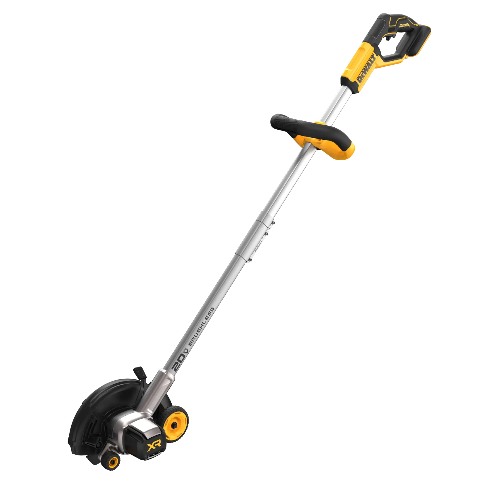 A DEWALT 20V brushless cordless lawn edger with a silver shaft, black and yellow handle, and black base with yellow wheels.