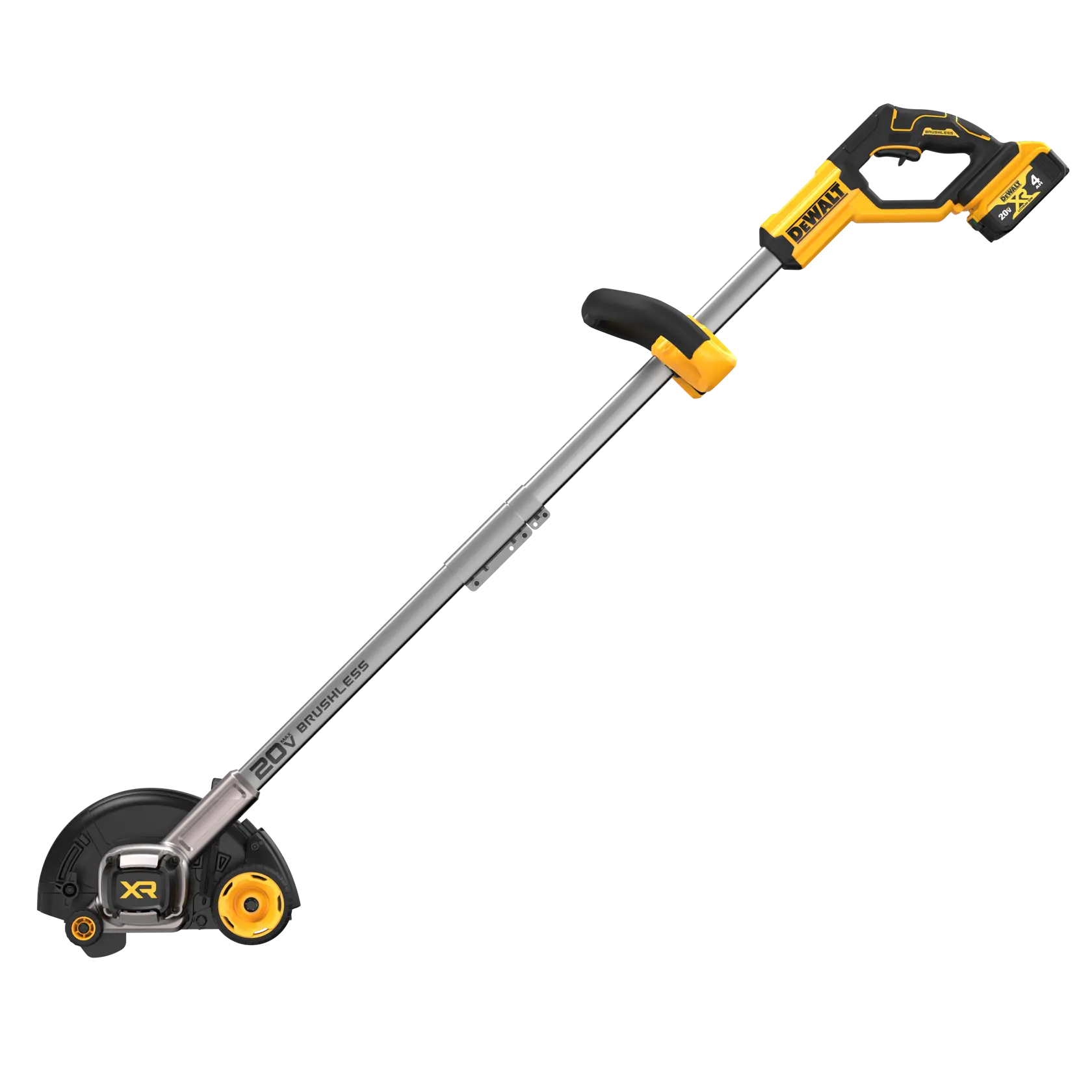 A DEWALT cordless brushless lawn edger with a yellow and black design. The tool features an ergonomic handle and a battery attached at the top end. The blade guard is located at the bottom, with a wheel for easy movement.