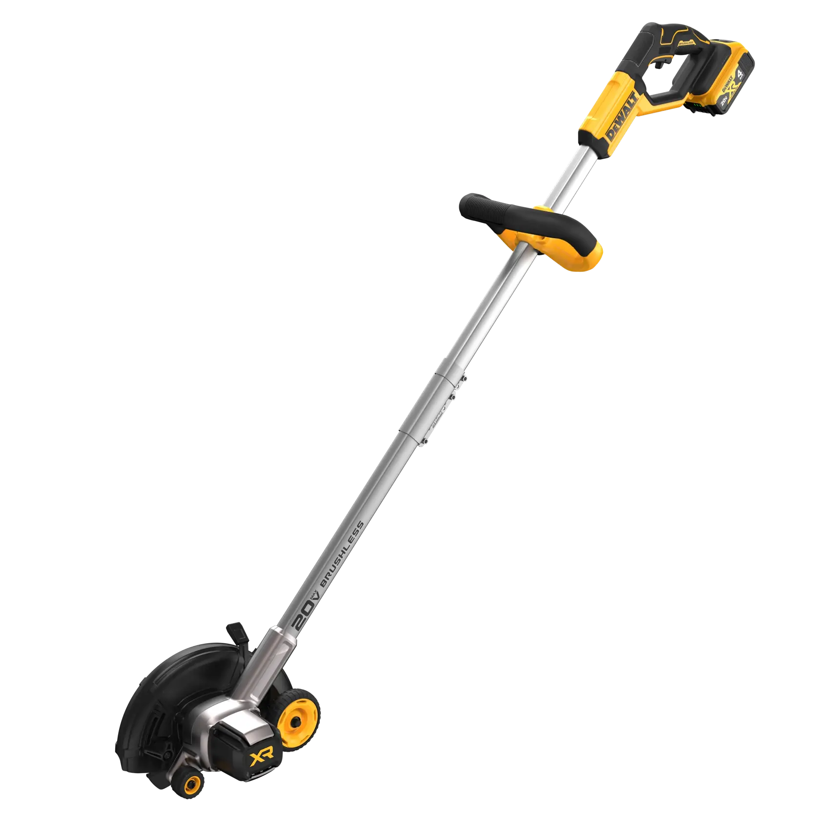 A DEWALT 20V brushless cordless lawn edger with a yellow and black handle and a silver shaft. The tool has two small yellow wheels and a protective black guard near the blade.