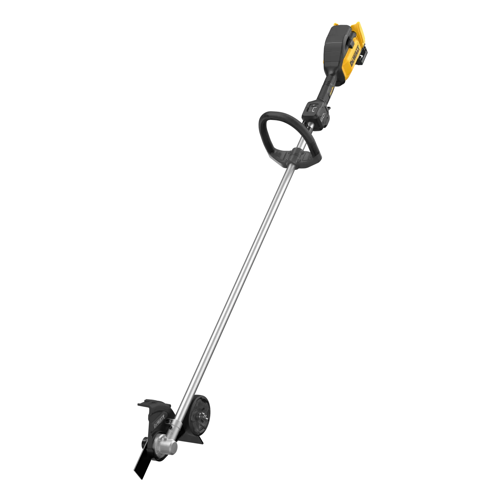 A DEWALT cordless outdoor edger tool with a yellow and black motor housing, straight metal shaft, and blade guard.