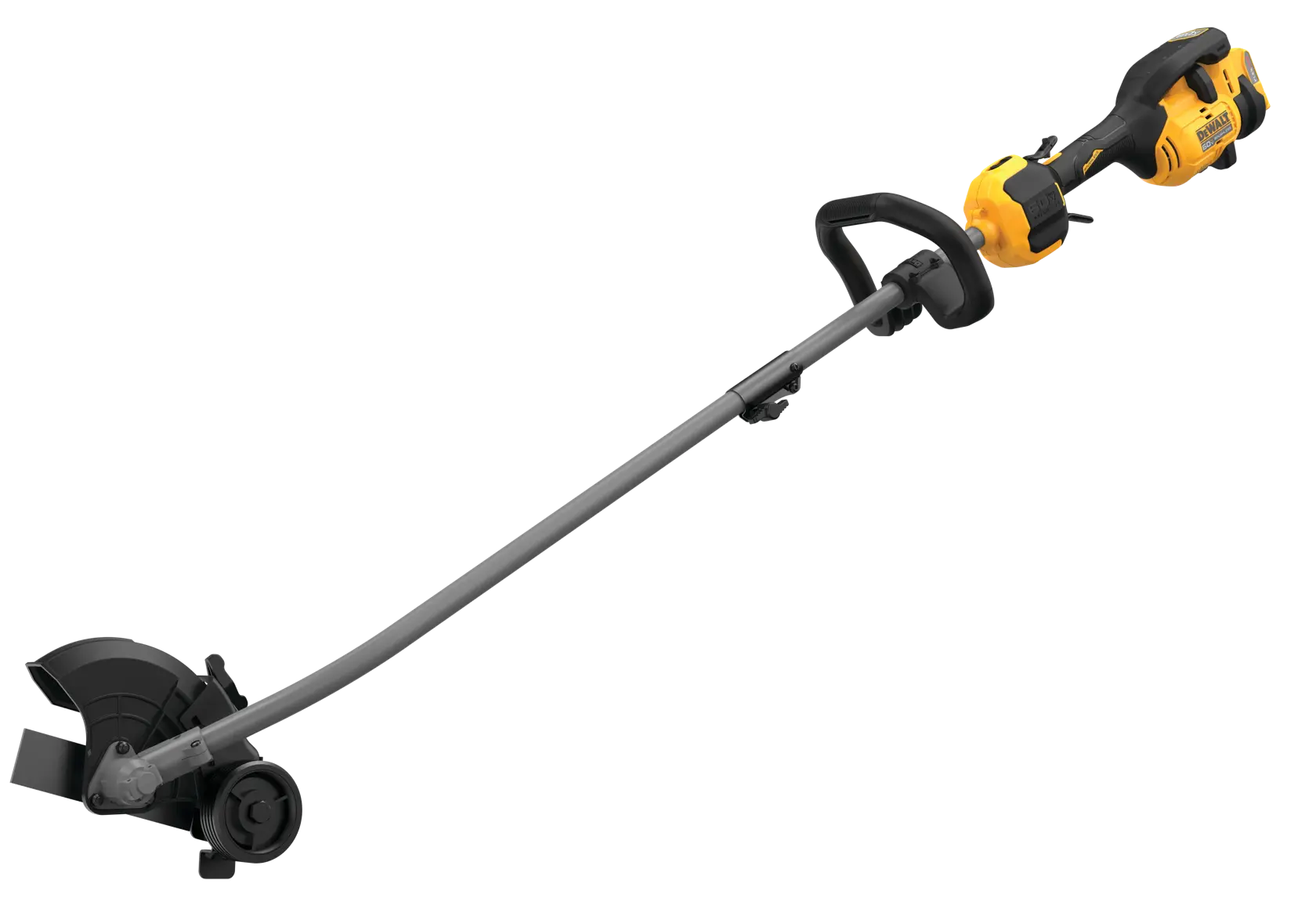 A DEWALT cordless electric edger with a black and yellow handle, a curved metal shaft, and protective guard, shown against a white background.