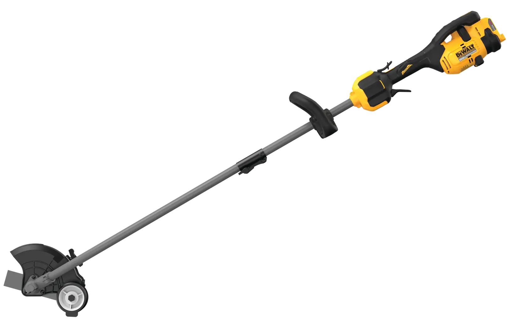 A DEWALT cordless lawn edger with a yellow and black handle and a metal shaft. The tool features a protective blade guard at the cutting end.