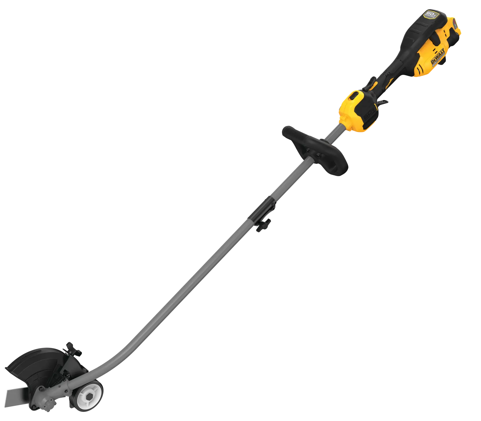 A DEWALT cordless electric lawn edger with a yellow and black handle, a long gray shaft, and a black edging blade with a protective shield.