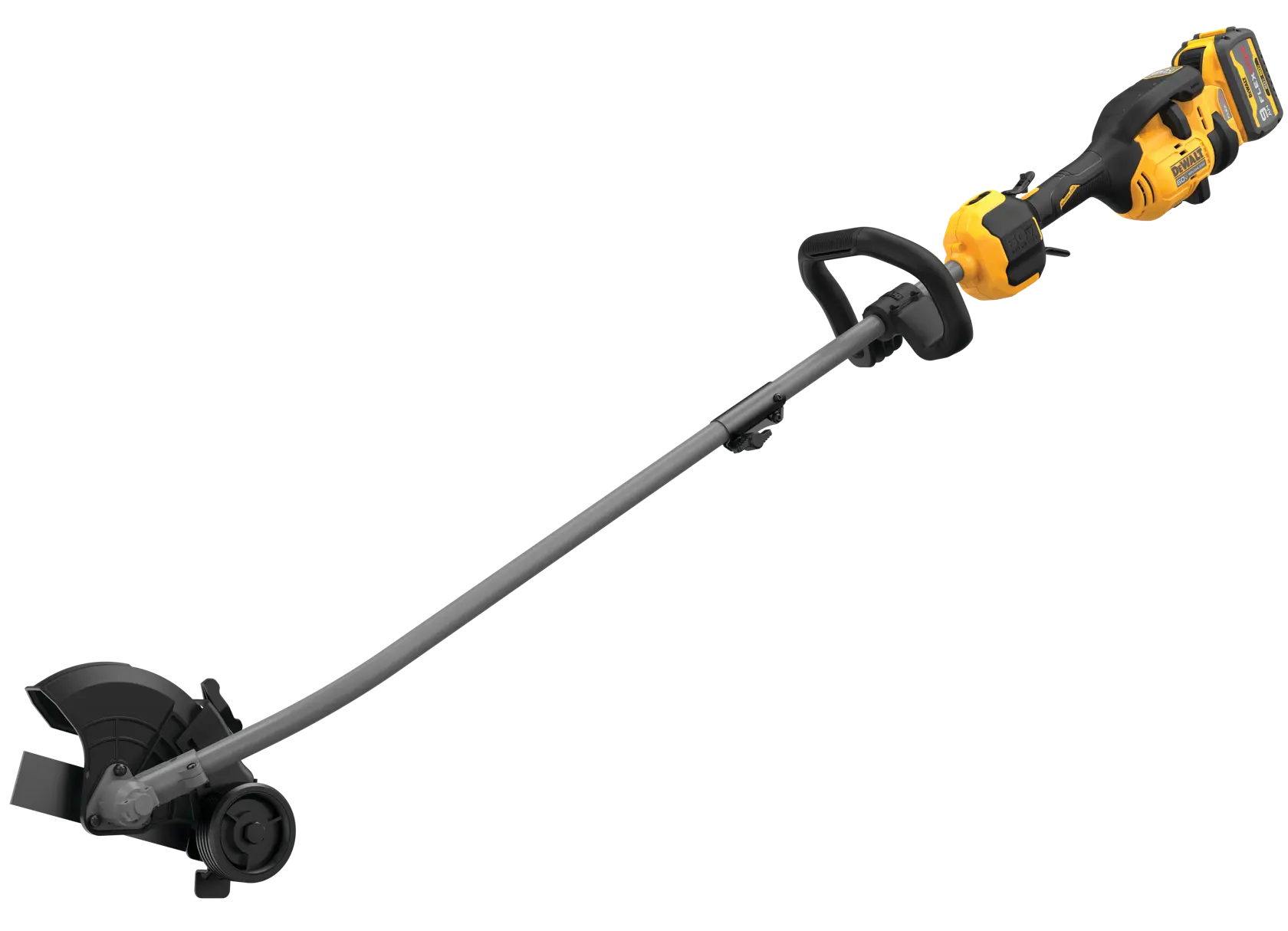 A DEWALT cordless electric edger with a yellow and black handle and a gray shaft, designed for landscaping and lawn edging.