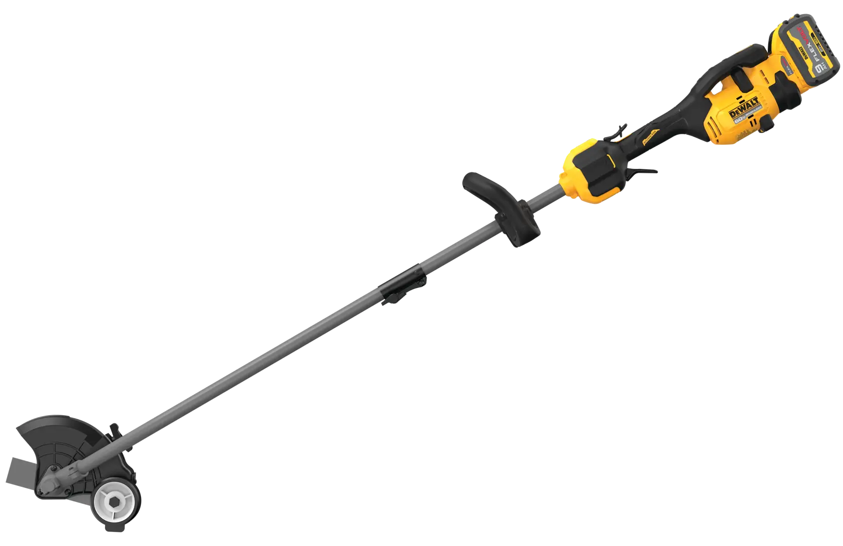 Cordless electric garden edger with a yellow and black handle, long grey shaft, and blade guard, branded DEWALT.