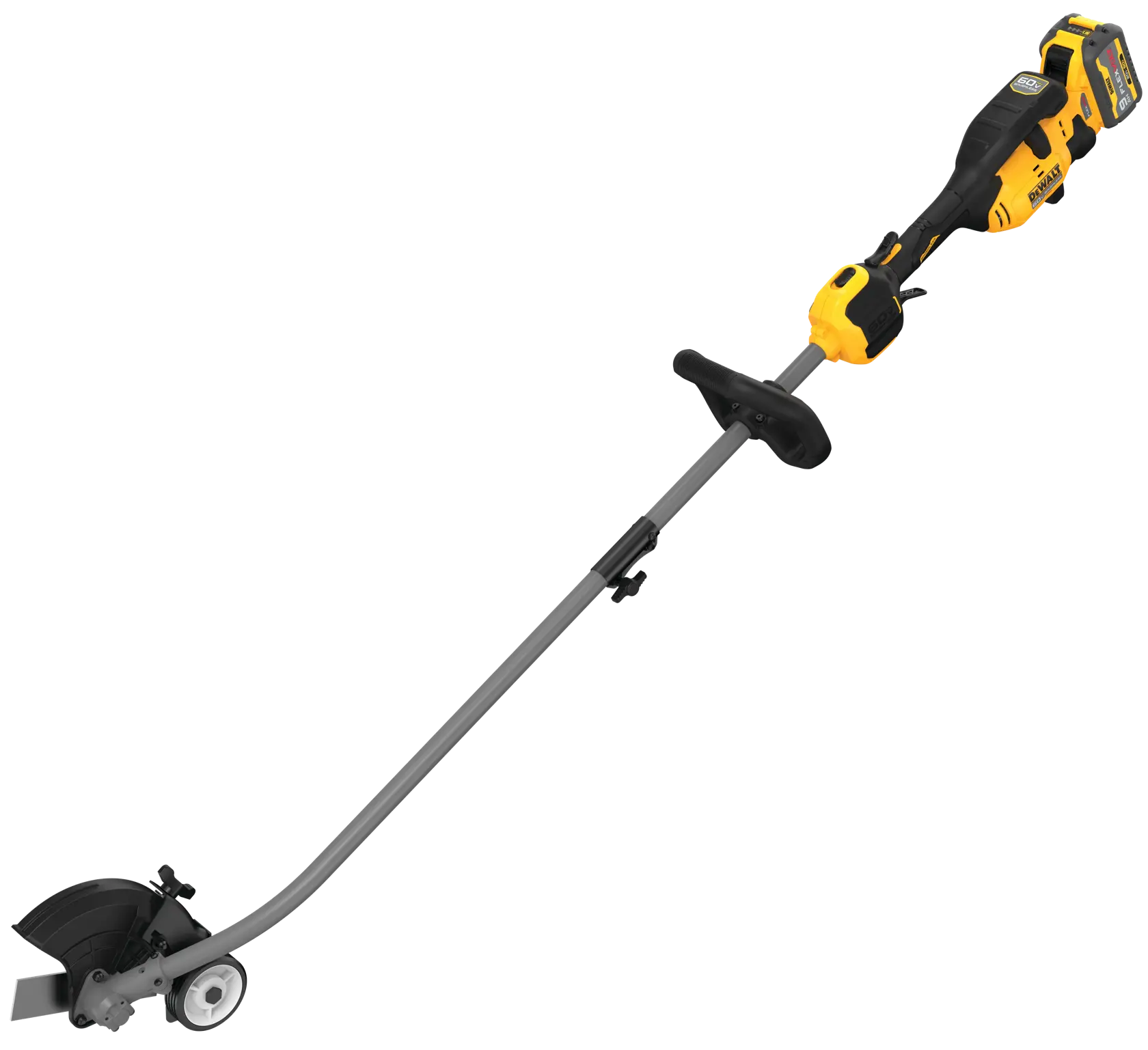 Cordless electric lawn edger with a yellow and black handle, manufactured by DEWALT. The tool features a long shaft, adjustable auxiliary handle, and a cutting blade guard with wheels for easy movement.