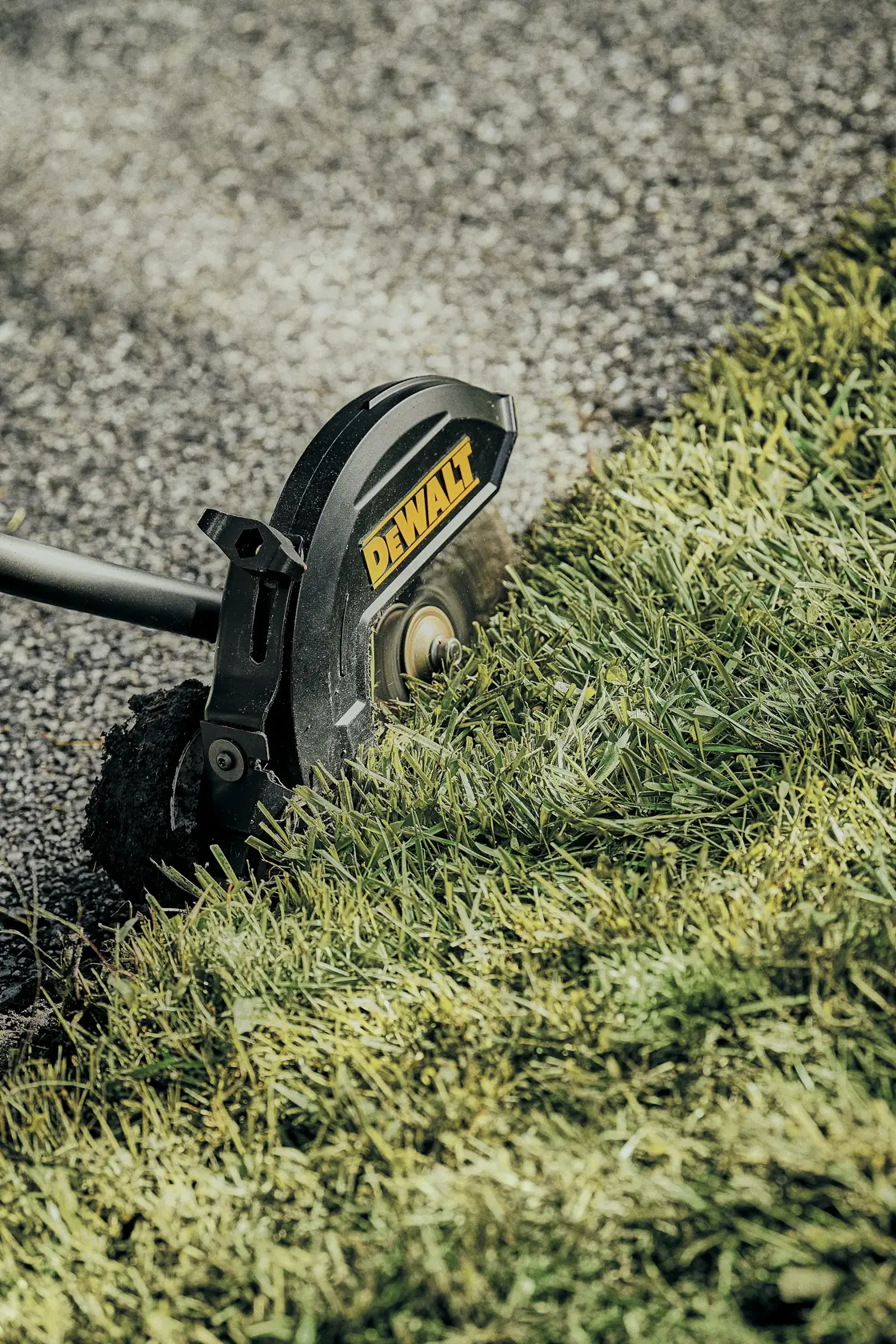 A close-up view of a DEWALT lawn edger trimming the edge between grass and pavement.