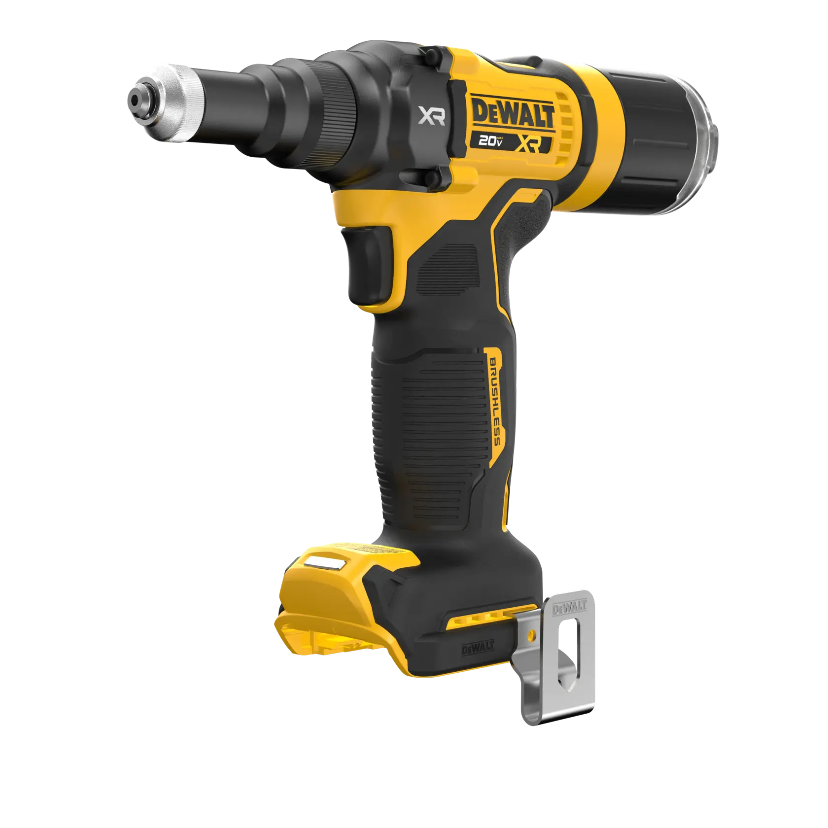 A DEWALT 20V XR brushless cordless screw gun, featuring a black and yellow ergonomic design with a metal belt clip attached at the base.