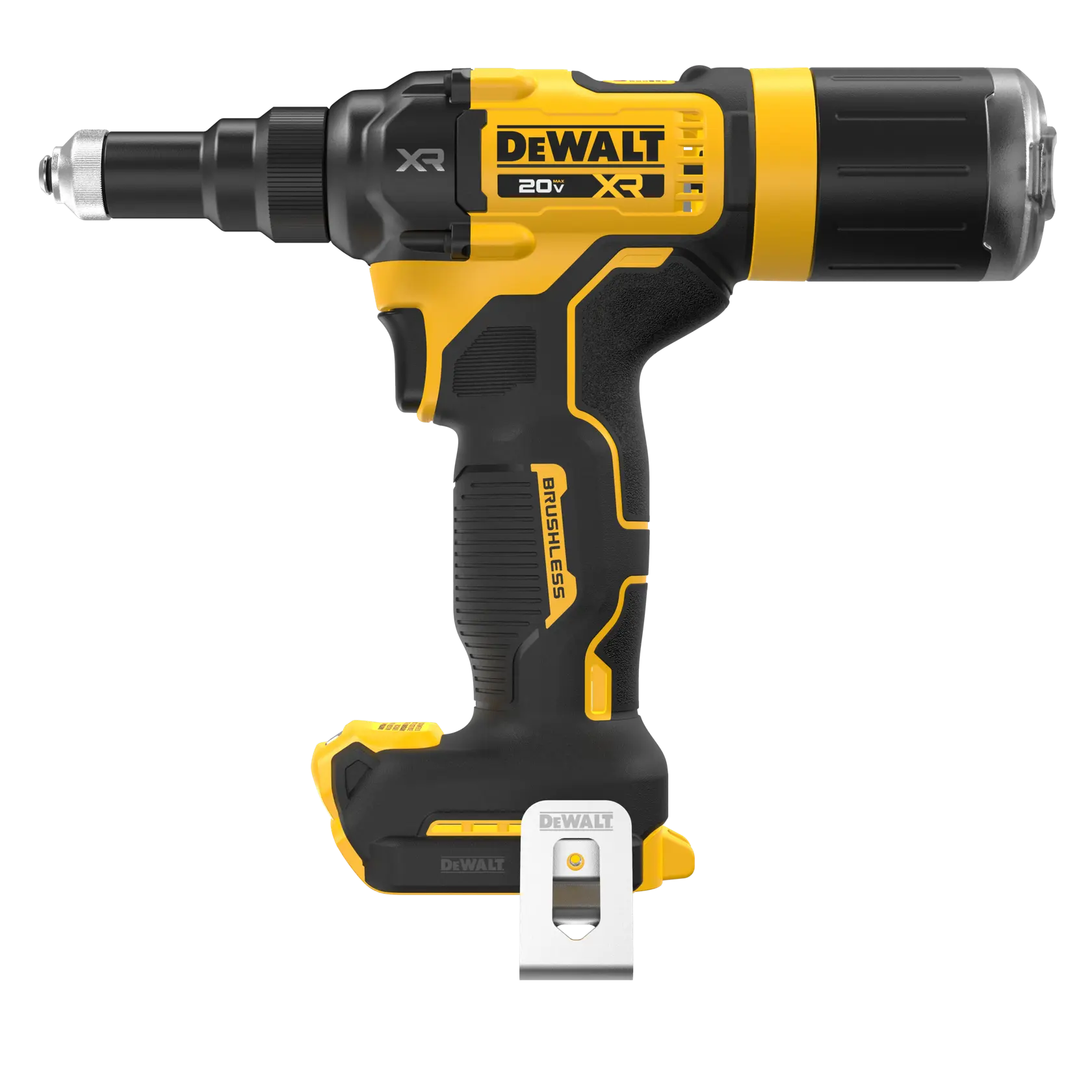 A DEWALT 20V XR cordless brushless screwdriver tool, shown in yellow and black with a metal attachment near the base. The tool is pictured from the side.
