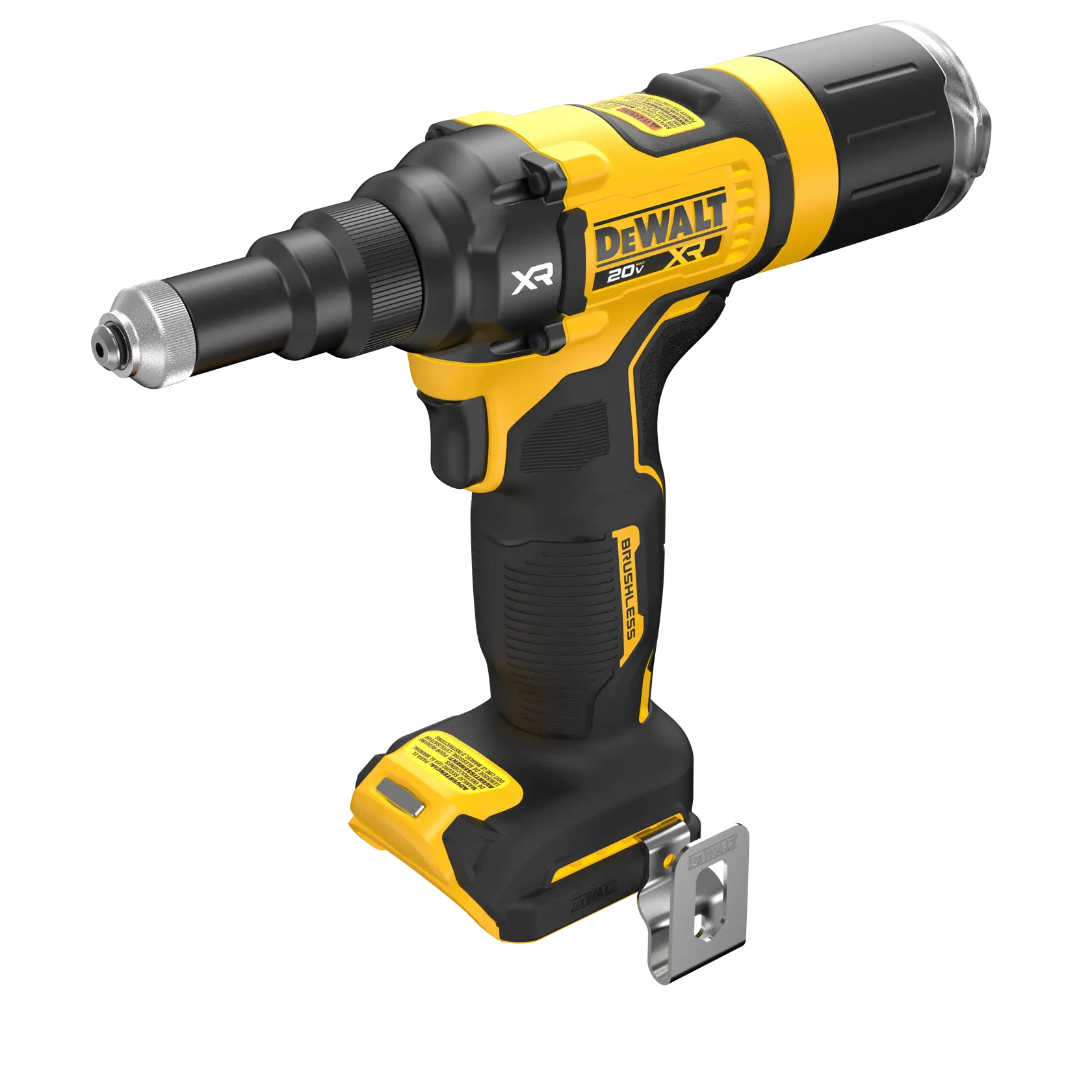 A DEWALT 20V XR cordless power tool with a black and yellow design, equipped with a brushless motor and a metal belt clip, shown against a white background.
