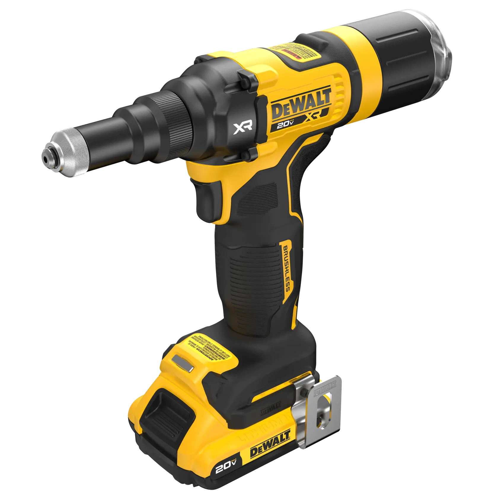 A DEWALT 20V XR cordless power tool, featuring a brushless motor, shown in yellow and black. The tool has a compact design and a battery attached at the base.