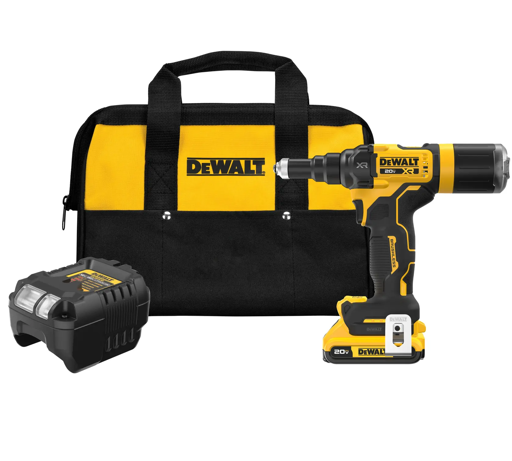 A DEWALT 20V XR cordless electric drill set is shown. The set includes a black and yellow drill, a battery charger, and a black and yellow carrying bag with the DEWALT logo.