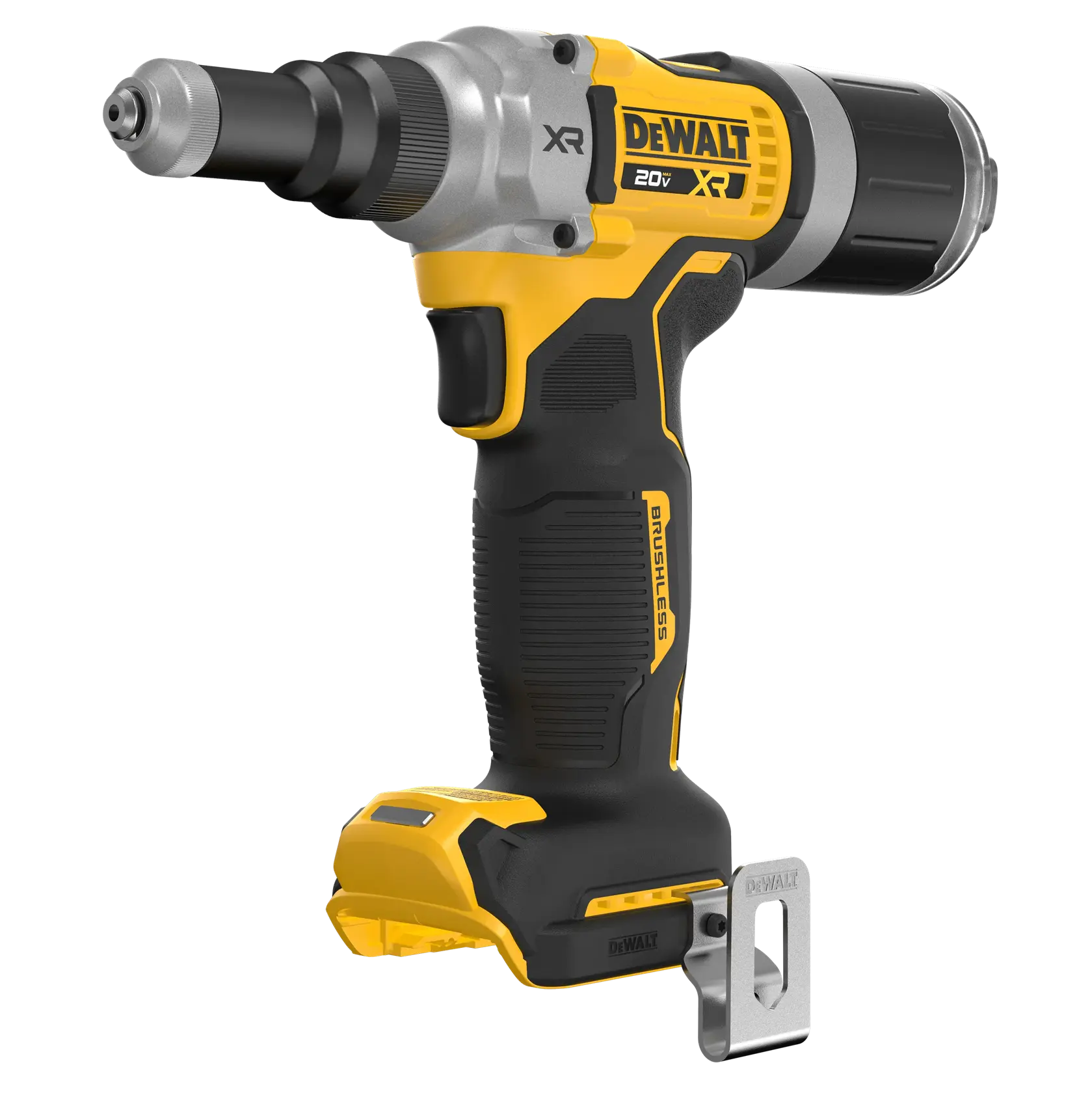 A DEWALT 20V XR brushless cordless tool, shown angled to the left on a plain white background. The tool has a black and yellow grip and metal tip, with the DEWALT branding visible on the side.