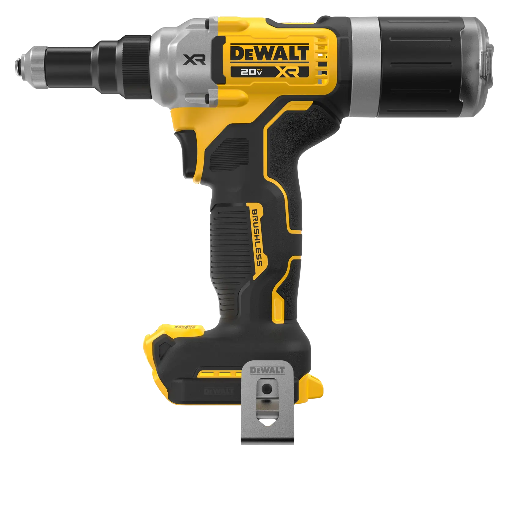 A DEWALT 20V XR brushless cordless tool, designed for jobsite tasks, featuring a black and yellow handle, metal belt clip, and robust ergonomic design.