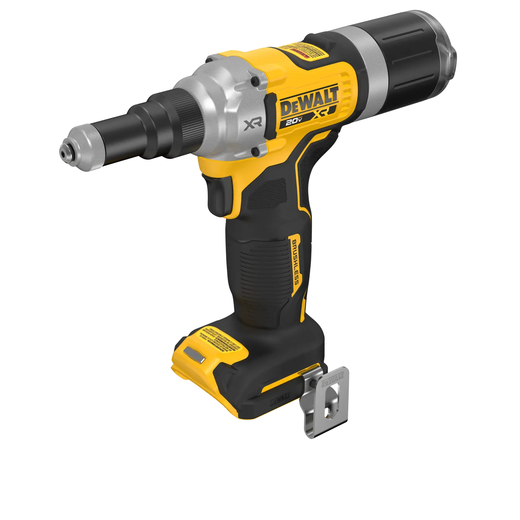 A DEWALT 20V cordless brushless power tool, model DCF414B, designed for heavy-duty applications. The tool has a yellow and black casing, a comfortable grip, and a metal attachment at the base.