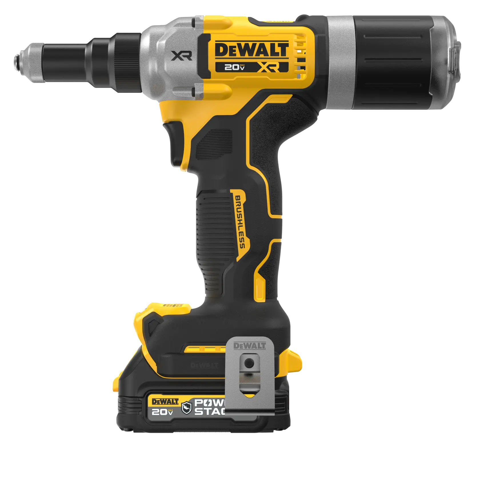A DEWALT 20V XR brushless cordless power tool with a black and yellow design, a compact ergonomic handle, and a POWERSTACK battery at the base.