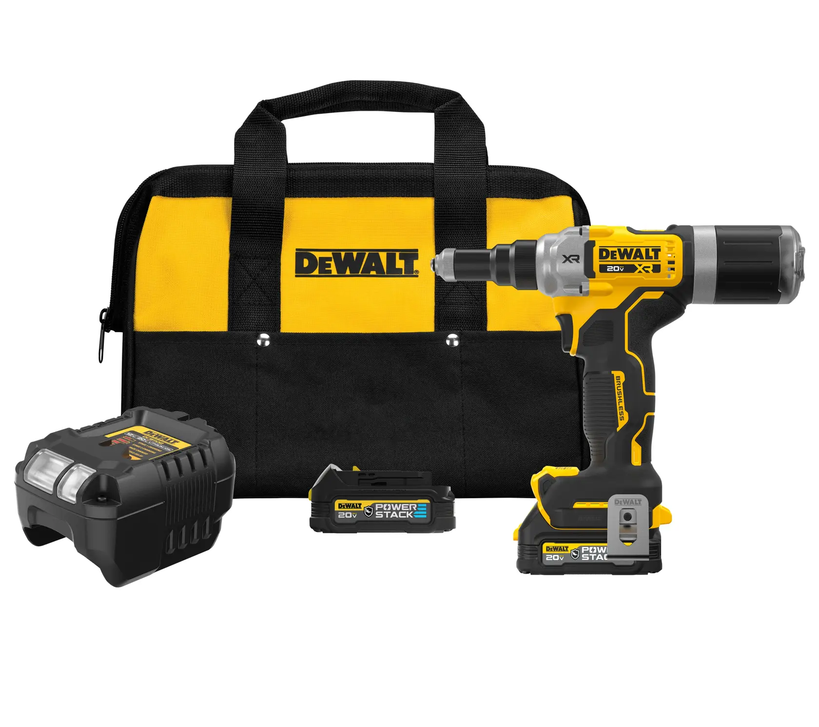 DEWALT 20V cordless impact tool kit, including a yellow and black carrying bag, cordless impact wrench, battery, battery charger, and an additional battery pack.