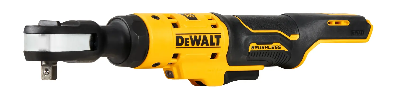 A DEWALT brushless cordless ratchet tool with a yellow and black design, shown against a white background.