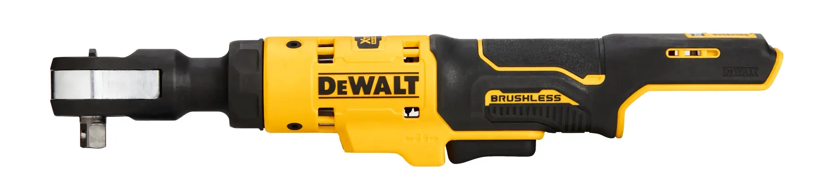 A DEWALT DCF503B brushless cordless ratchet tool with a yellow and black handle, designed for tightening and loosening nuts and bolts.