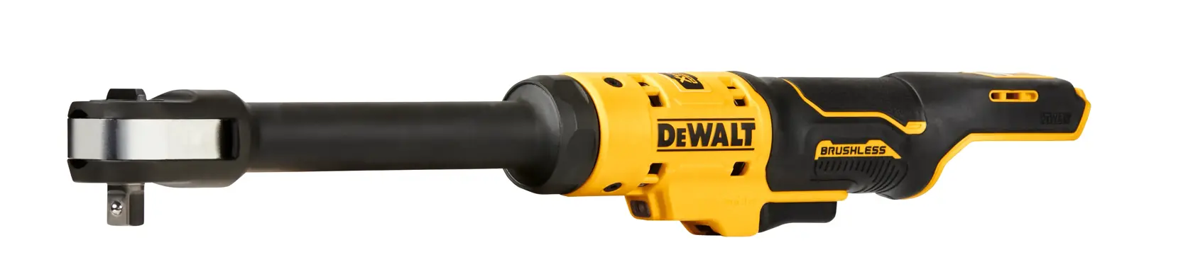 A DEWALT brushless cordless electric ratchet tool with a long handle, shown against a white background.