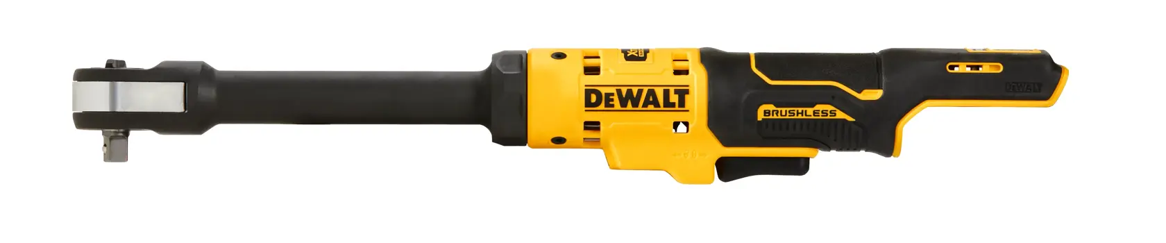 A DEWALT cordless brushless ratchet tool, shown in yellow and black with a long handle and compact head, designed for mechanical and automotive tasks.