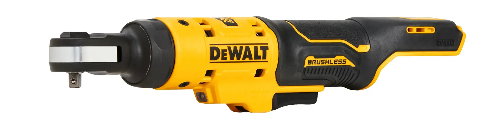 A DEWALT brushless cordless ratchet tool with a yellow and black design, shown isolated on a white background.