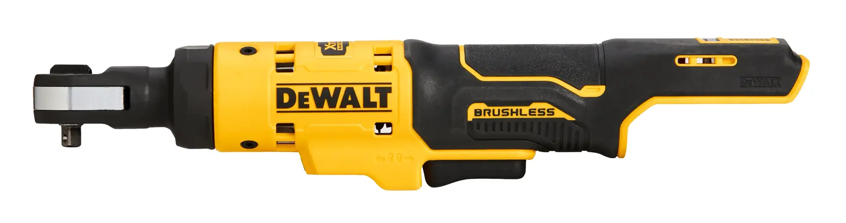 A DEWALT brushless cordless ratchet tool with a black and yellow body, shown against a white background.