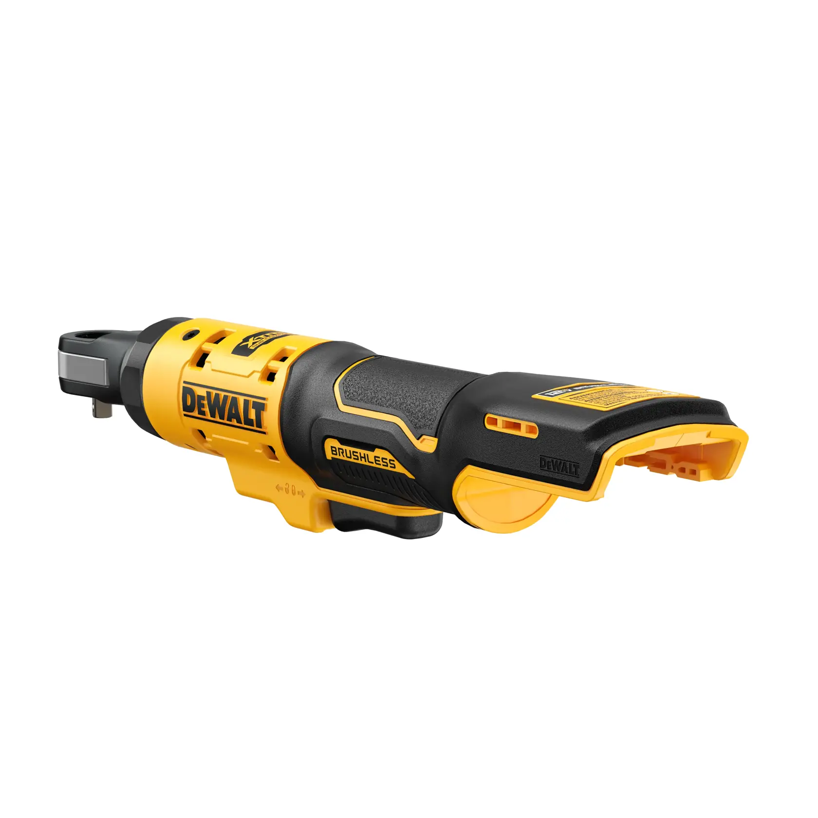 A DEWALT brushless cordless ratchet tool with yellow and black casing, shown against a white background.