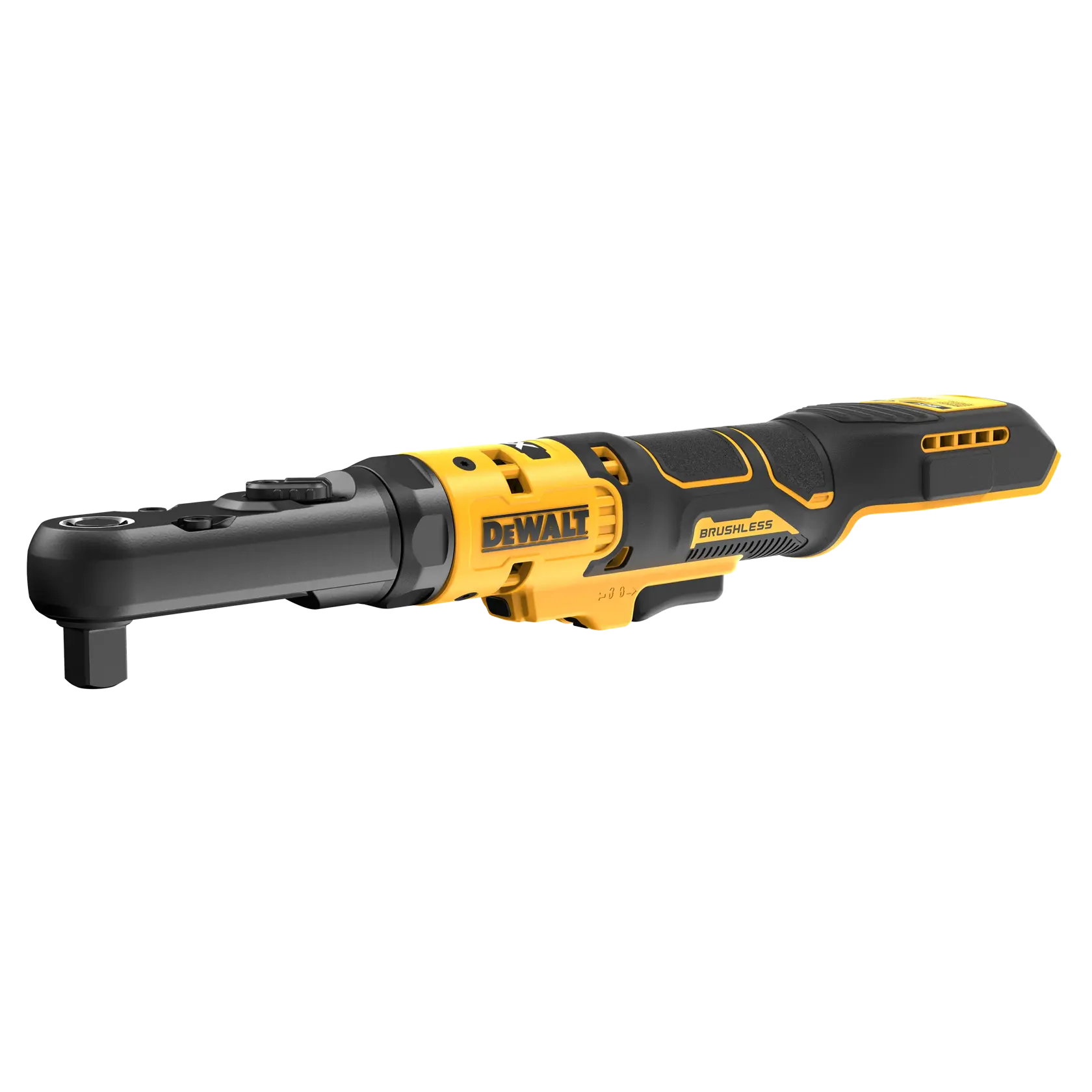 A DEWALT brushless cordless ratchet tool with a yellow and black design, featuring a compact head and ergonomic handle.