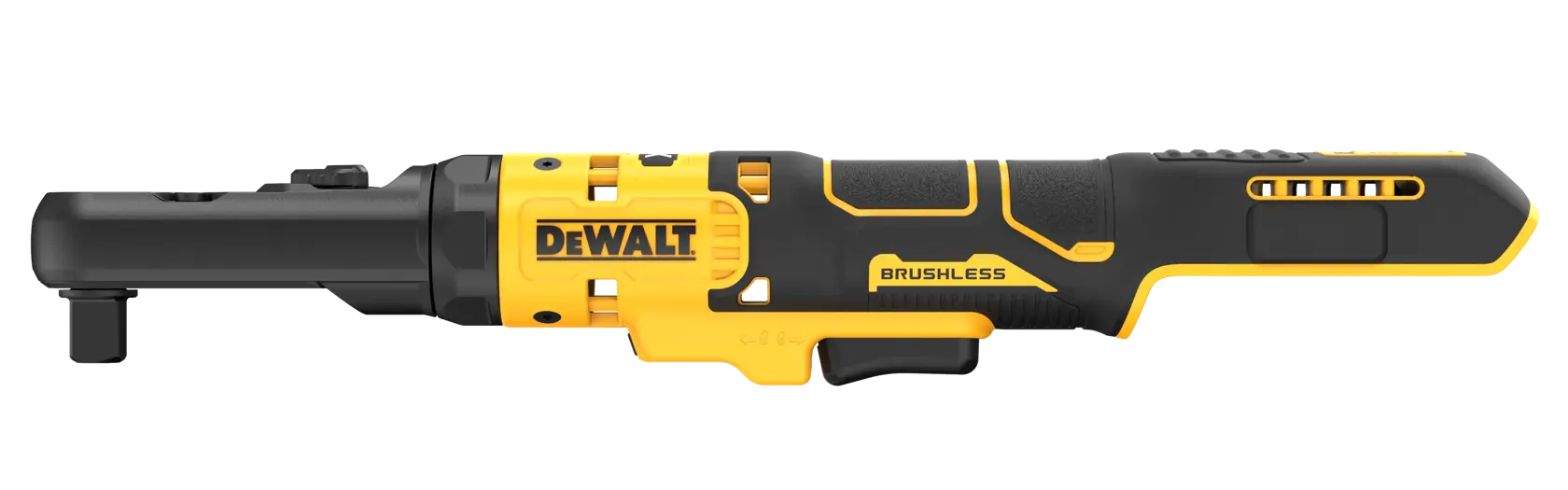 A DEWALT cordless brushless ratchet, black and yellow in color, shown in a side view on a white background.