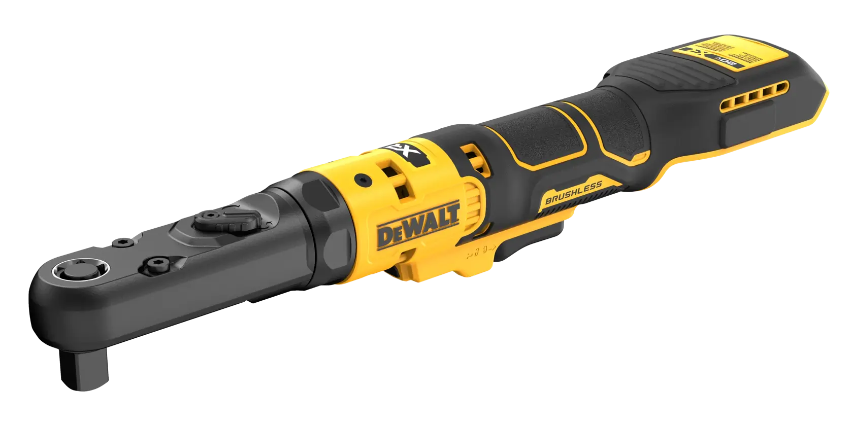 A DEWALT cordless ratchet wrench with a brushless motor, shown in yellow and black colors.