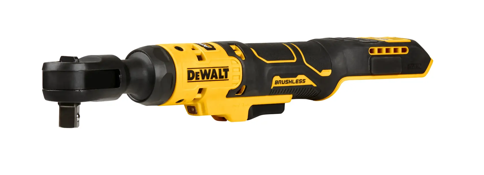 A DeWalt cordless brushless ratchet tool with a yellow and black design, shown on a white background.
