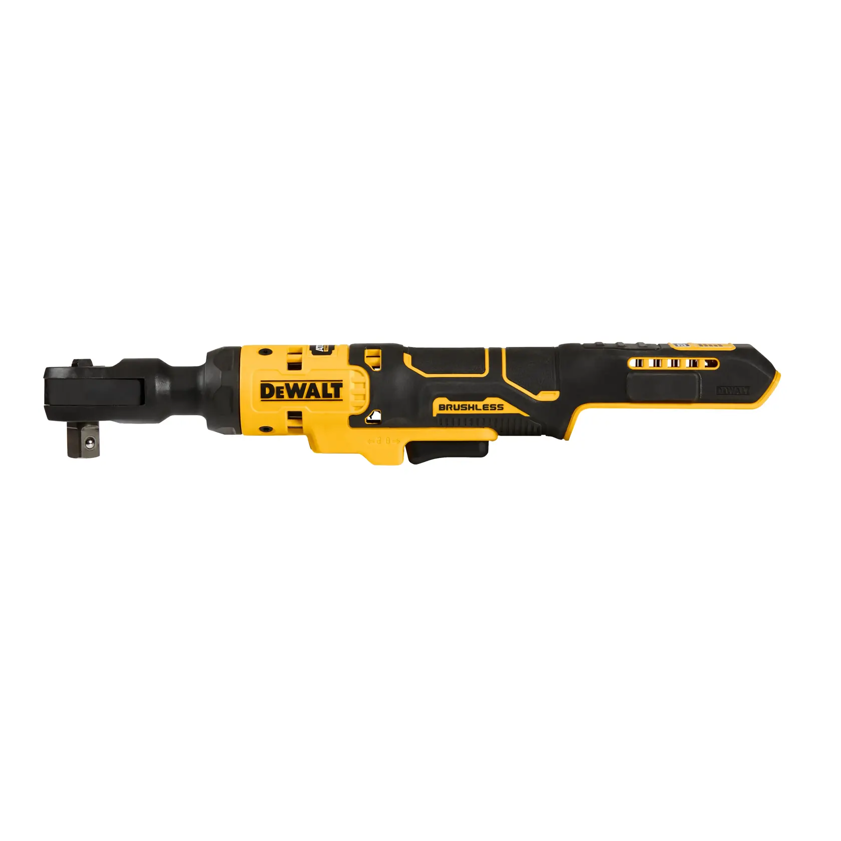 A DEWALT cordless brushless ratchet tool, predominantly black and yellow in color, designed for fastening applications. The tool features an ergonomic grip and visible control buttons.