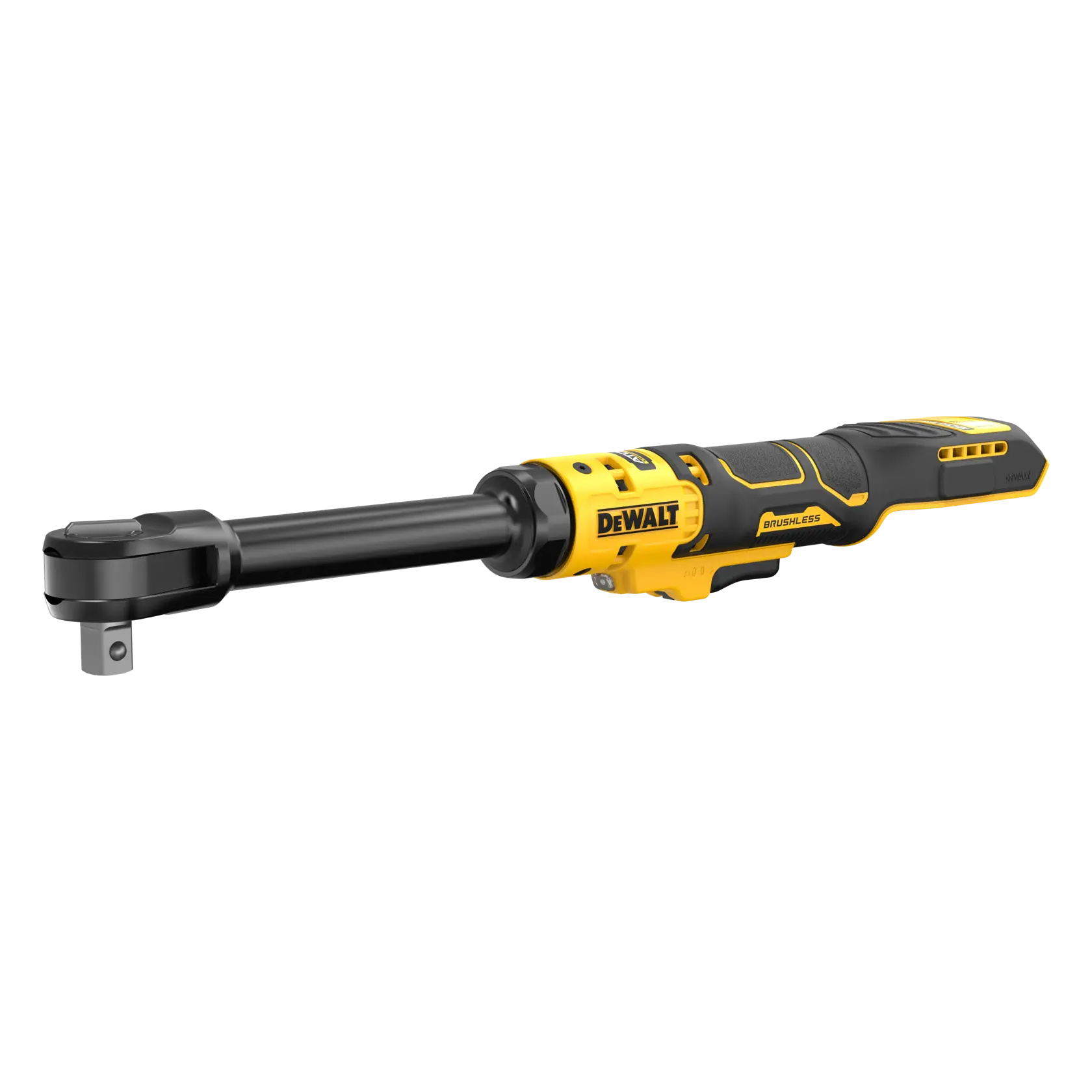 A DEWALT cordless brushless ratchet tool with a black and yellow handle and extended head, shown against a white background.