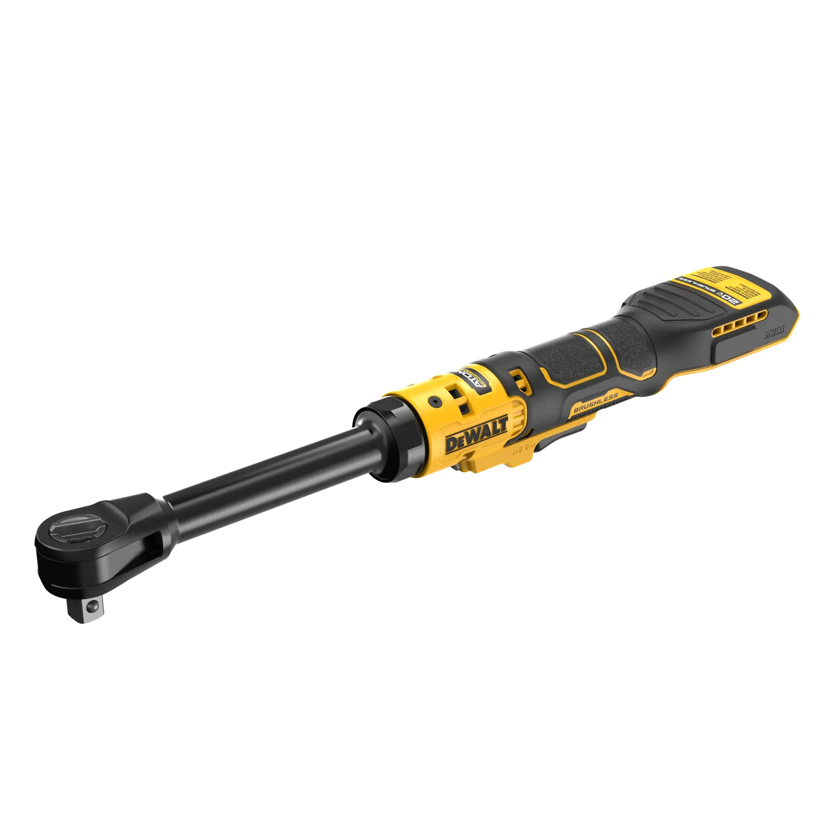 A DEWALT cordless ratchet wrench with a yellow and black handle, designed for tightening or loosening bolts and nuts.