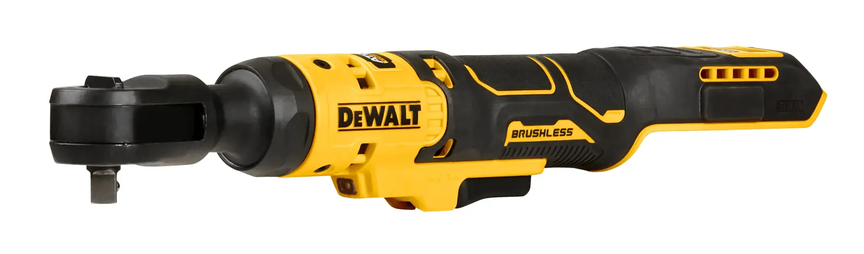 A DEWALT brushless cordless ratchet tool, shown in a side profile view. The tool has a yellow and black design with the DEWALT logo and 'BRUSHLESS' text visible on the handle.