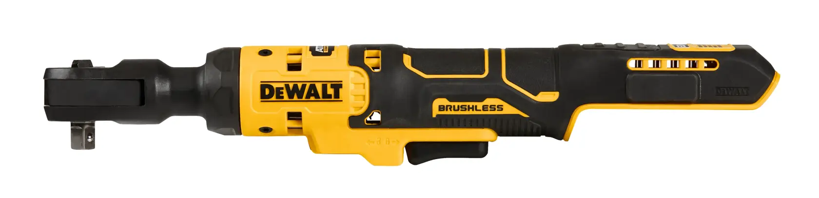 A DEWALT DCF513B brushless cordless ratchet tool featuring a yellow and black ergonomic design.