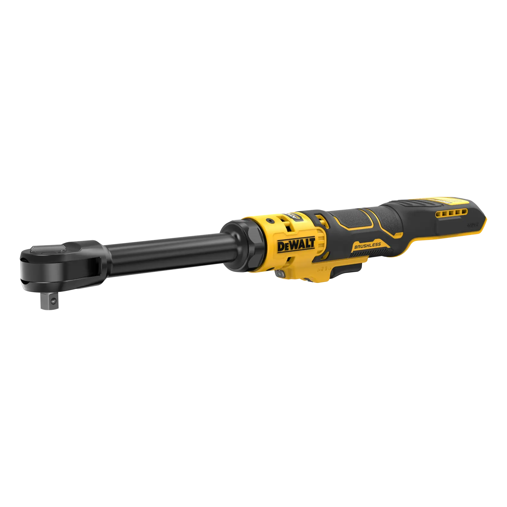 A DEWALT cordless brushless ratchet tool with a yellow and black design, shown against a white background.