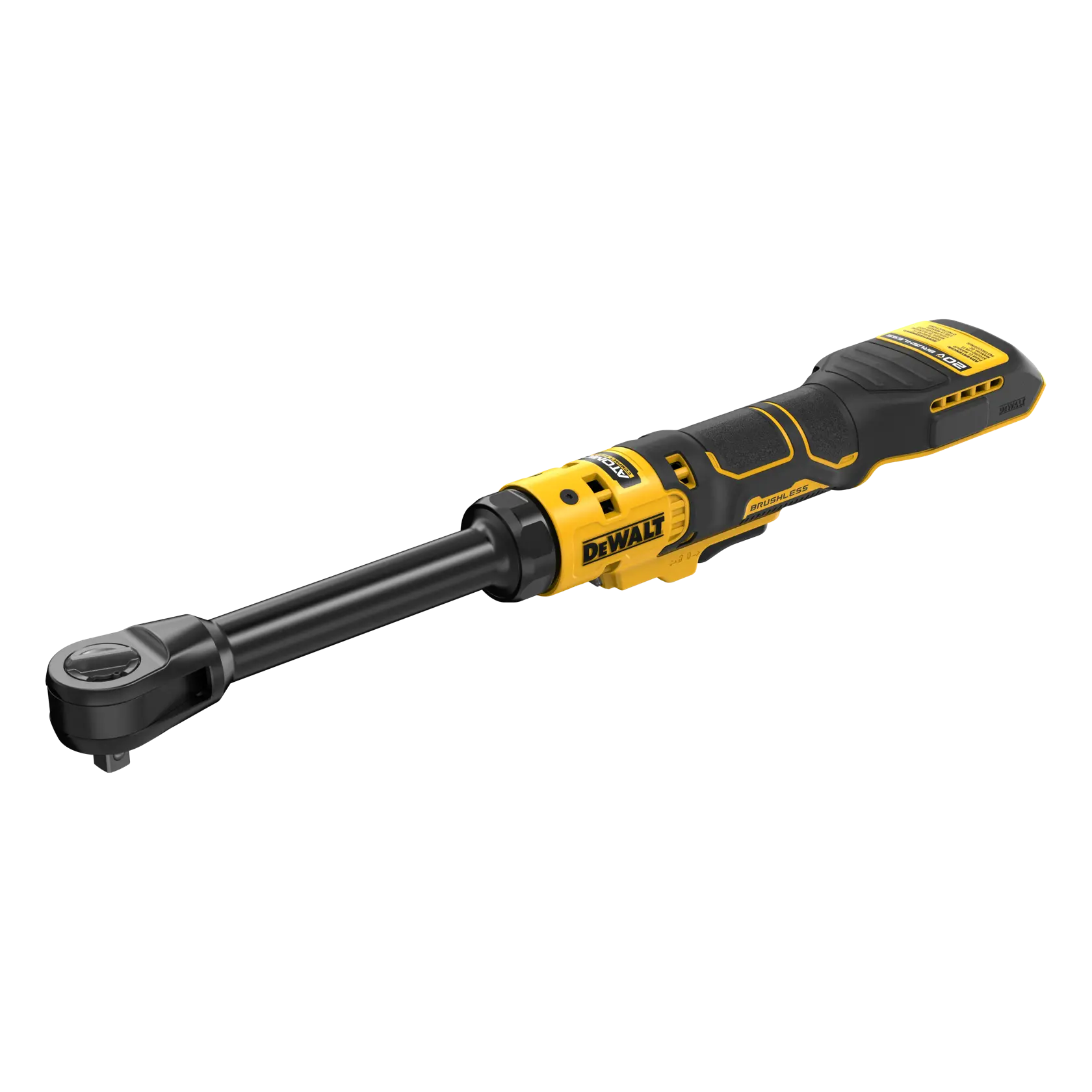 A DEWALT cordless ratchet wrench with a black and yellow ergonomic handle and a long shaft, shown on a white background.