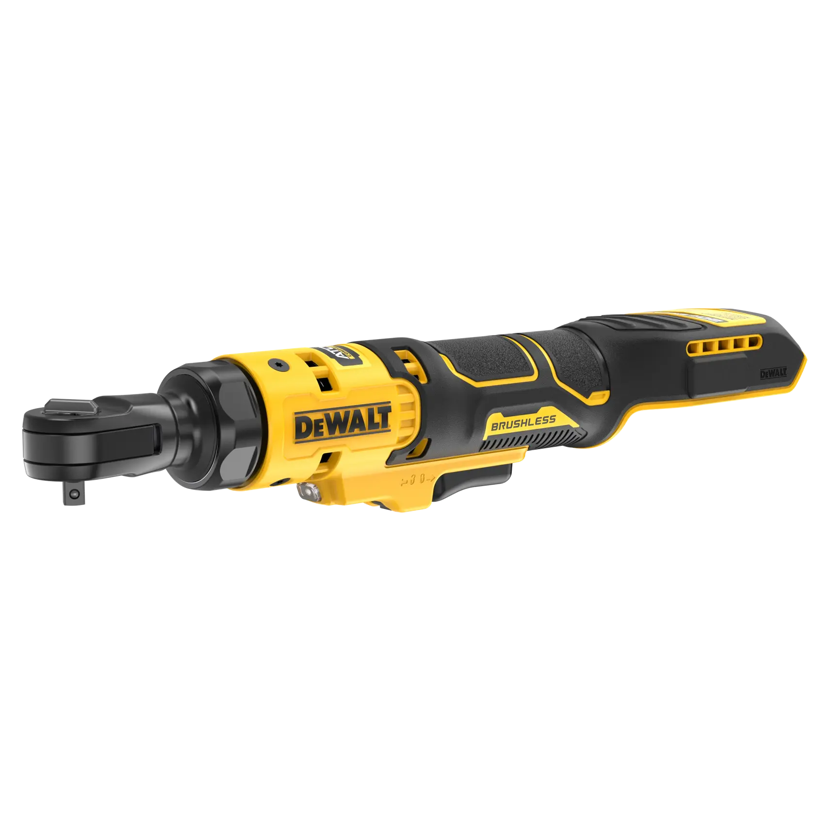 A DEWALT brushless cordless ratchet tool with a black and yellow design, shown against a white background.