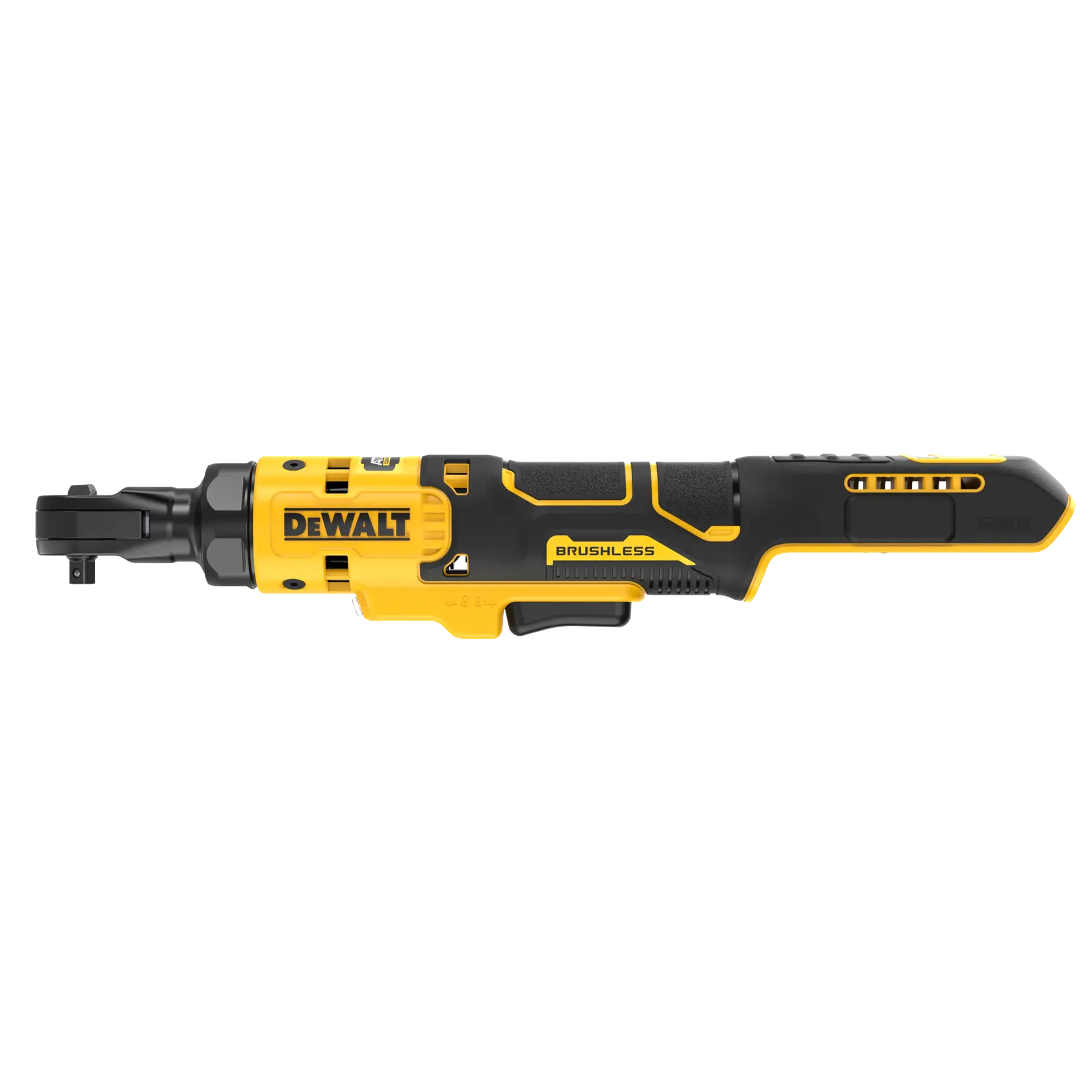 A DEWALT brushless cordless ratchet tool, shown in yellow and black color, designed for tightening and loosening nuts and bolts.
