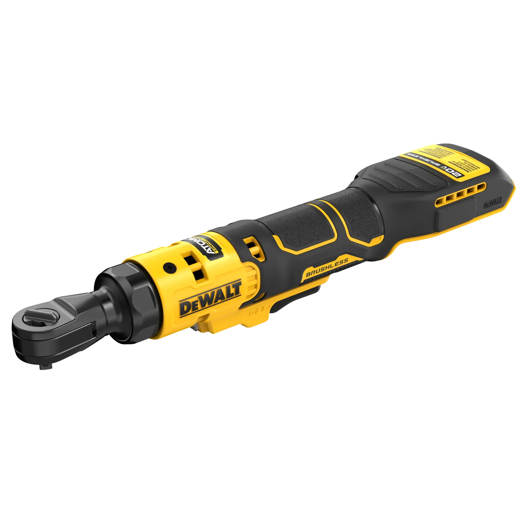 A DEWALT cordless brushless ratchet tool with a black and yellow design, featuring the DEWALT logo on the side. The tool has a compact ergonomic handle with textured gripping surfaces, and the head attachment is designed for tightening and loosening bolts.