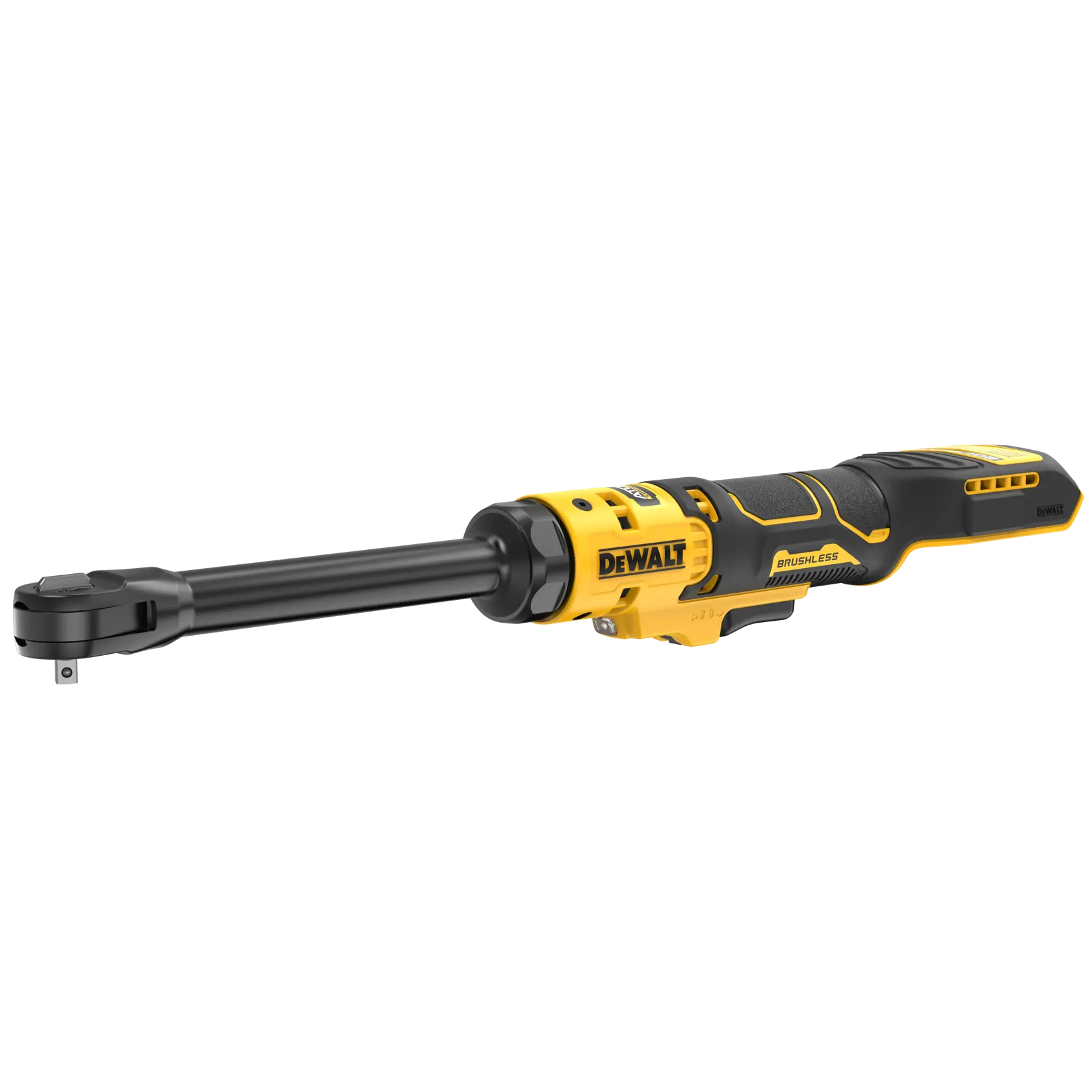 A DEWALT cordless brushless ratchet tool with a long black shaft and yellow and black handle, designed for mechanical fastening tasks.