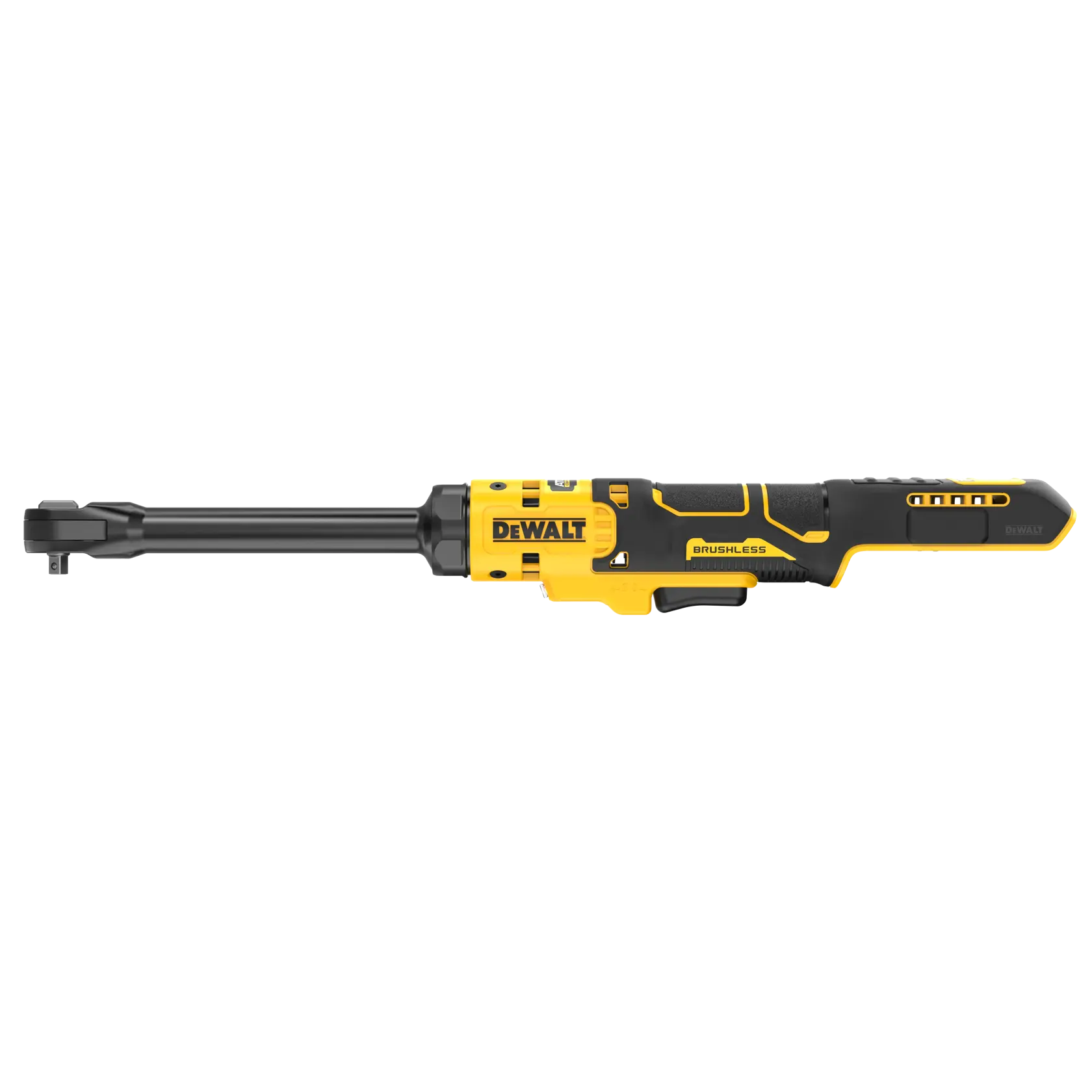 A DEWALT brushless cordless extended reach ratchet tool, featuring a yellow and black design with a long handle and head suitable for tightening or loosening fasteners in hard-to-reach places.