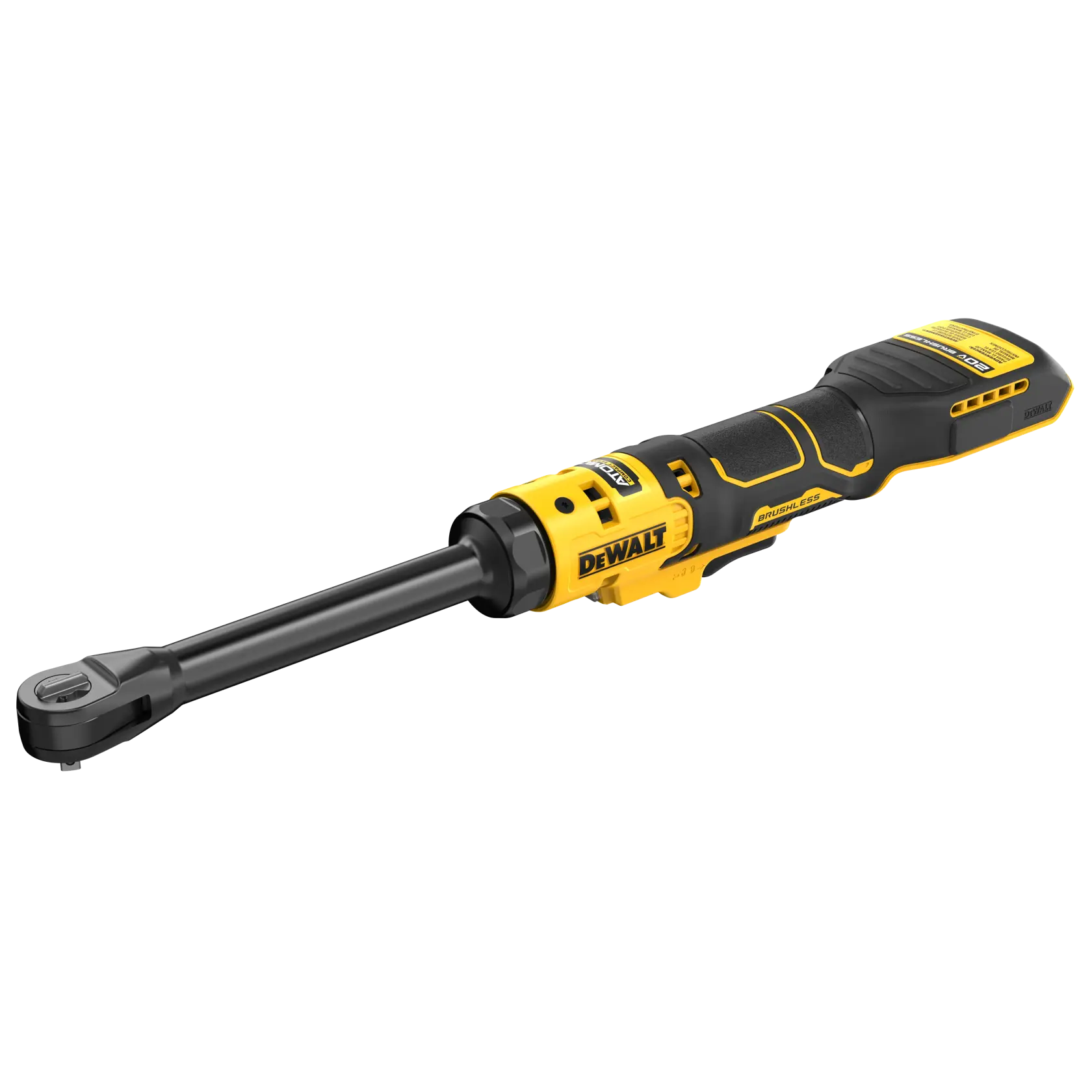 A DEWALT cordless ratchet tool featuring a black and yellow ergonomic handle and a long ratchet head.