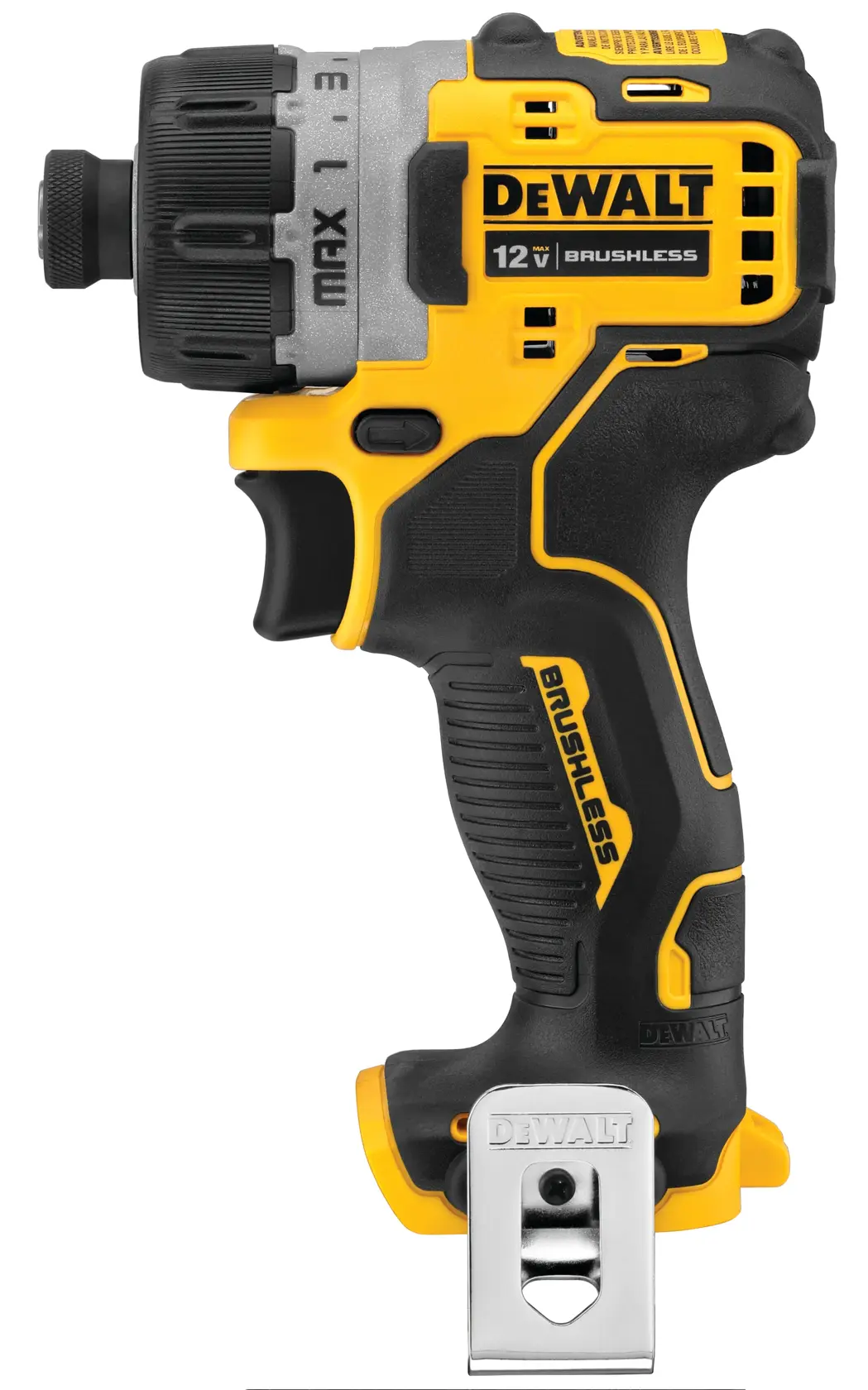 A DEWALT 12V brushless cordless drill with a black and yellow design. The drill features a comfortable grip, adjustable settings, and a metal belt hook attached at the bottom.
