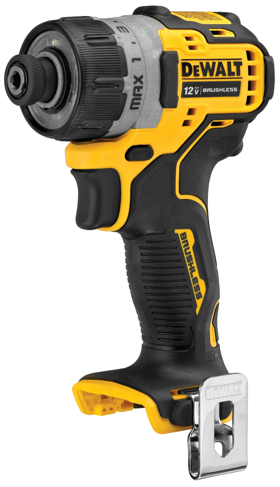 A DEWALT 12V brushless cordless drill with a black and yellow design, featuring a metal belt clip and visible branding on its body.