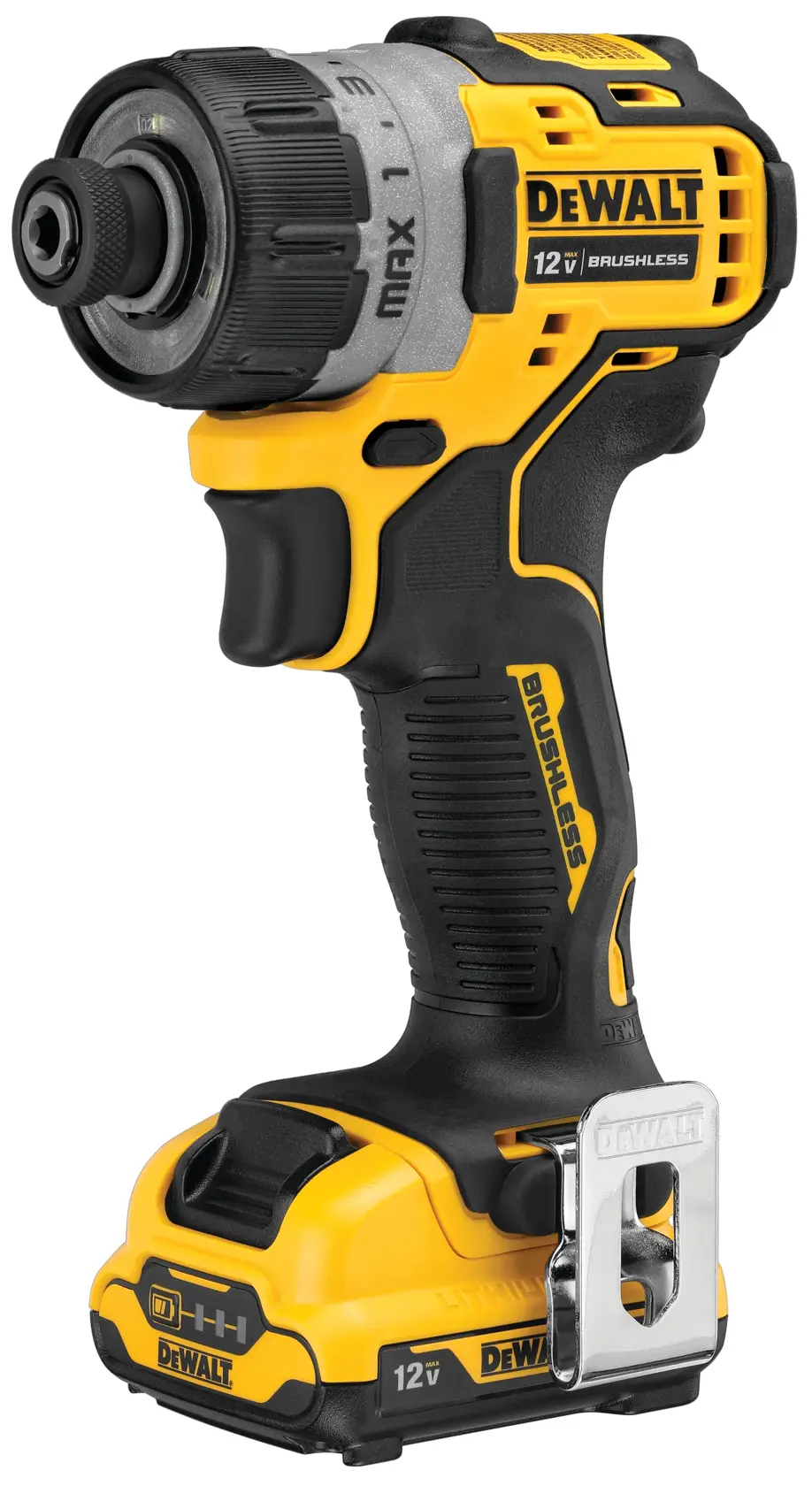 A DEWALT 12V MAX brushless cordless drill, featuring a compact design in yellow and black with a metal belt clip attached.