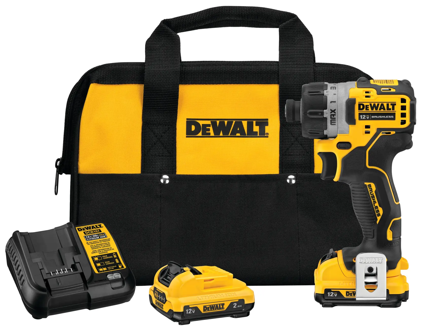 DEWALT cordless drill kit, including a yellow and black drill, two battery packs, a battery charger, and a carrying bag.