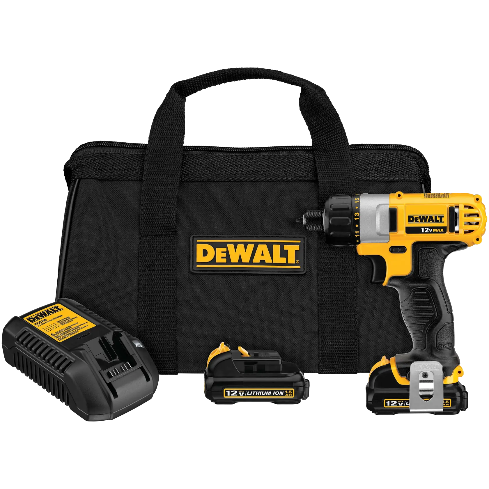 A DEWALT 12V MAX cordless drill set including a yellow and black drill, two lithium-ion batteries, a battery charger, and a black carrying bag with the DEWALT logo.